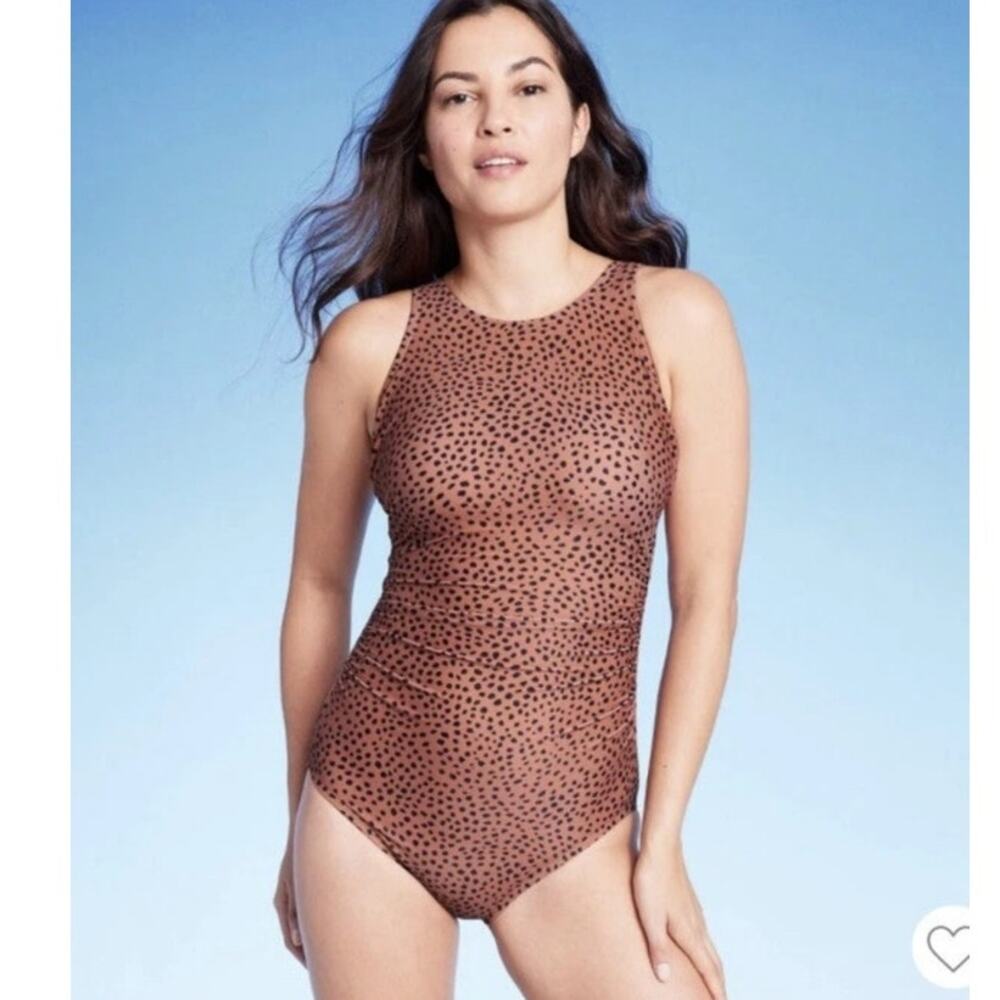 Kona Sol High Neck Full Coverage Brown with Black Spots One Piece Swimsuit 14